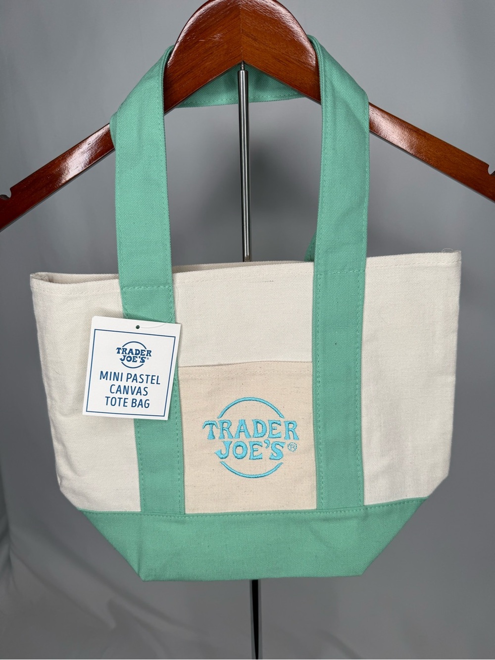 NWT Trader Joe's Mint & Cream Canvas Tote Bag